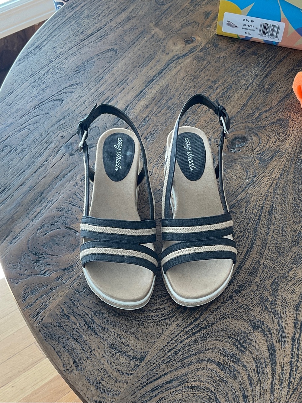 easy street Black and Natural Espadrille Wedge Sandals